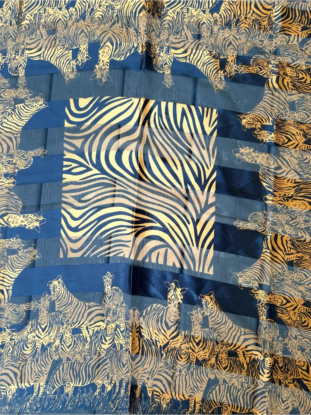 NWOT Silk-Feel Zebra Print Scarf in Black and Gold, Size: 38” x 38”